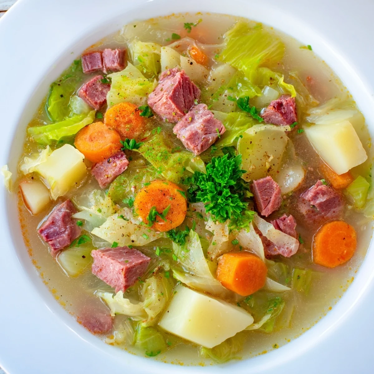 A steaming bowl of Corned Beef and Cabbage Soup reveals tender chunks of beef, diced potatoes, and wilted green cabbage swimming in a rich, golden broth.