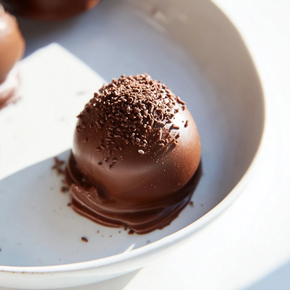 Irish Cream Truffles arranged in a decorative swirl, their dark cocoa coating contrasting with a sprinkle of chocolate decorations.  