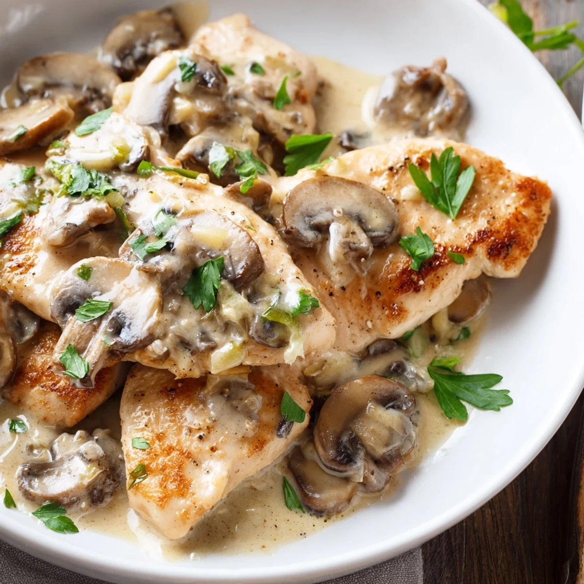 Golden seared chicken breasts nestled in a rich, creamy garlic mushroom sauce, garnished with fresh parsley and served over pasta for a comforting dinner.