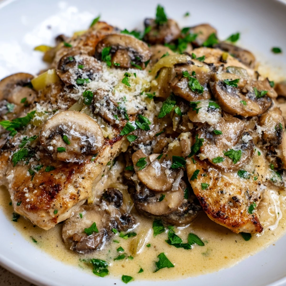 Tender chicken simmered in a velvety parmesan and cremini mushroom gravy, steam rising from the pan as it’s spooned over mashed potatoes.
