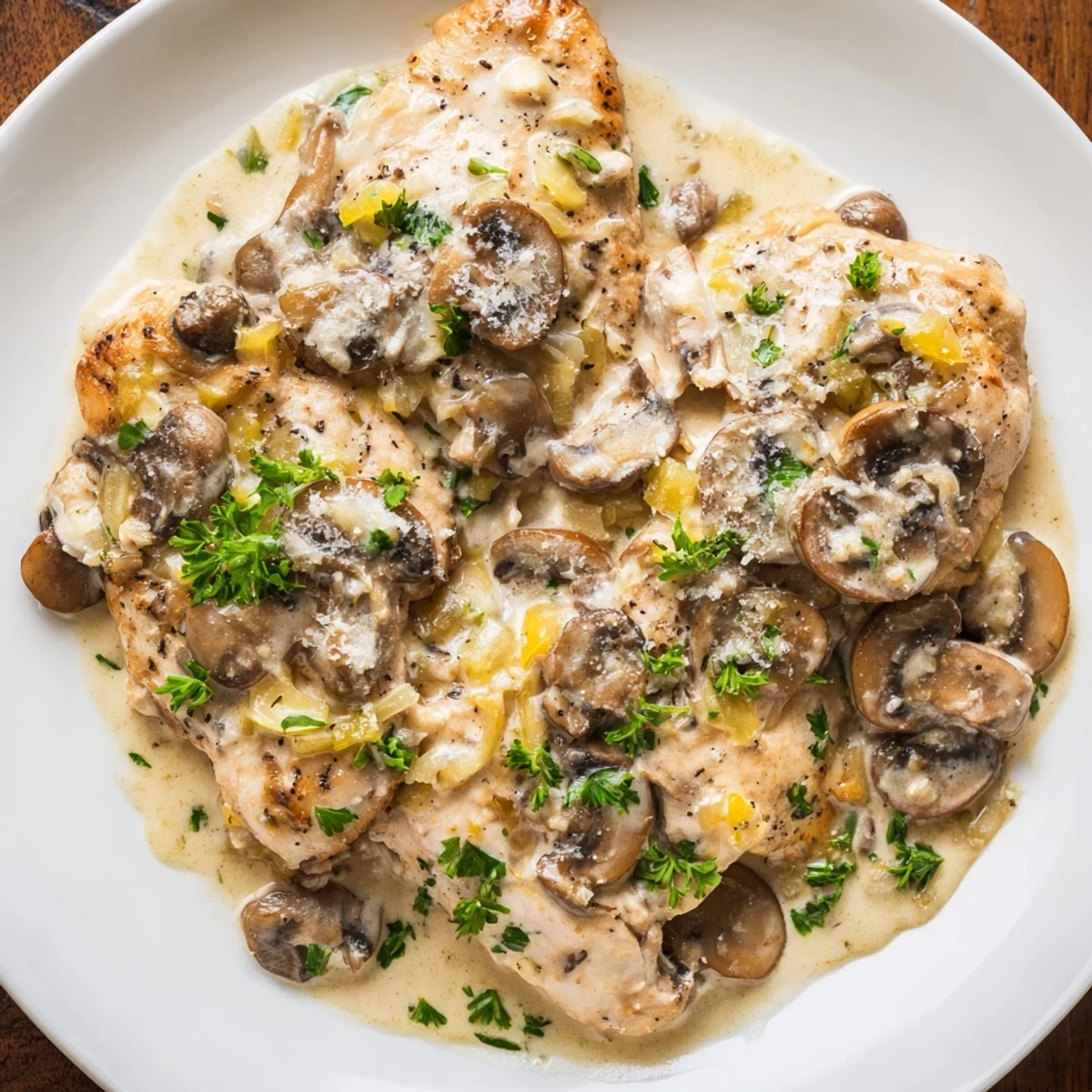 Savory boneless chicken breasts in a thick, herb-infused garlic cream sauce with sautéed mushrooms, ready to be served alongside steamed rice or crusty bread.