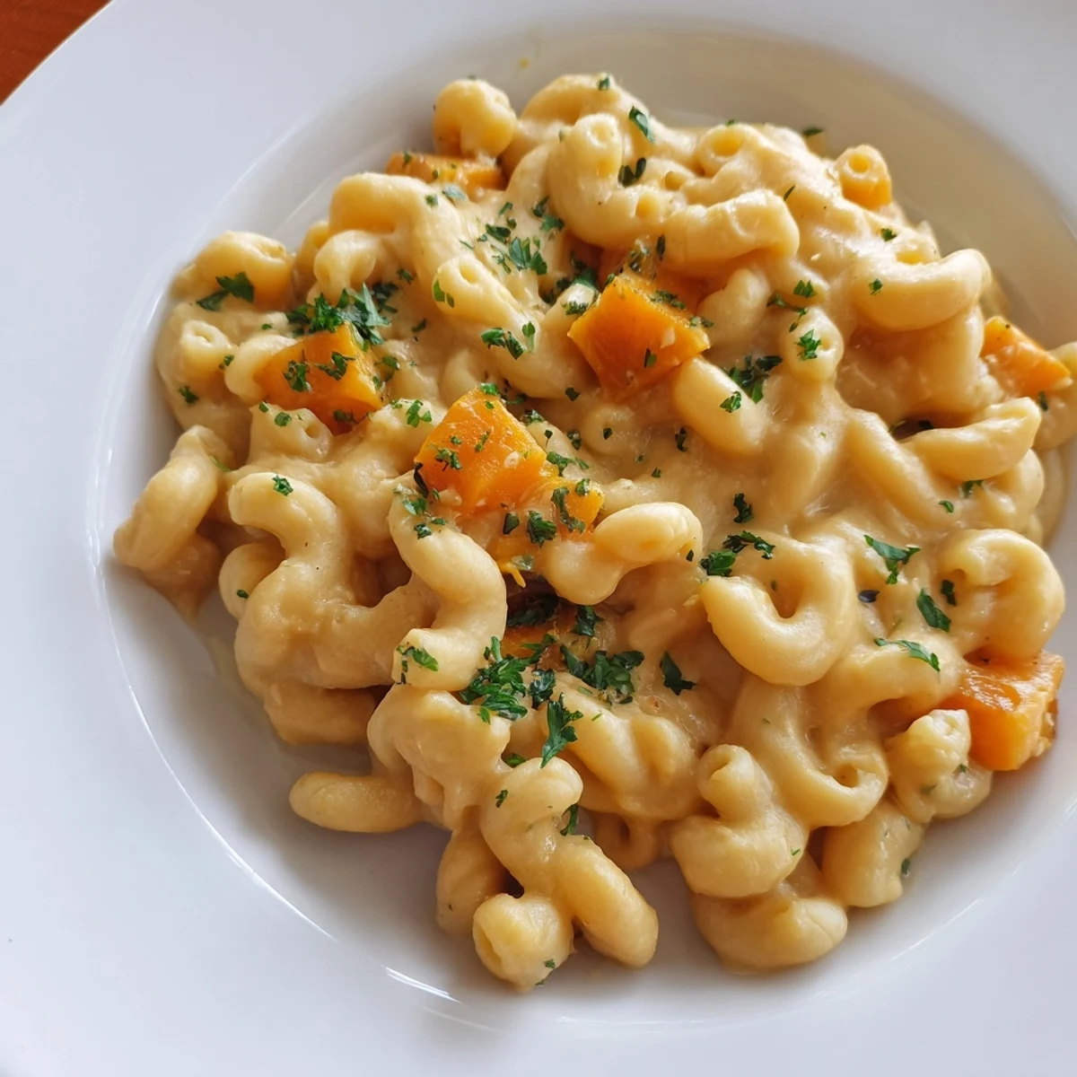 Steaming bowl of Vegan Butternut Squash Mac and Cheese with creamy orange sauce and golden breadcrumbs.