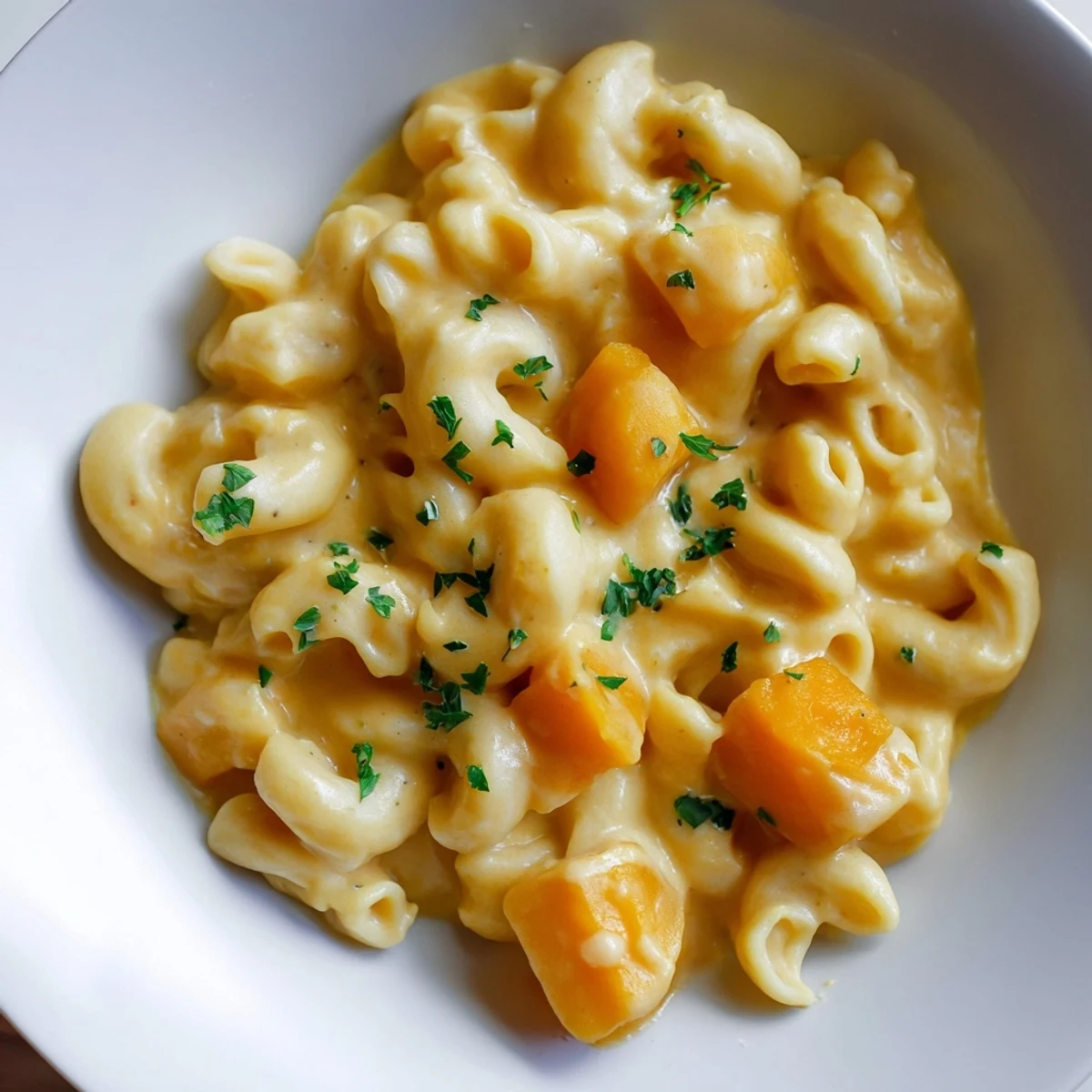 Close-up of Vegan Butternut Squash Mac and Cheese in a skillet, garnished with fresh parsley.