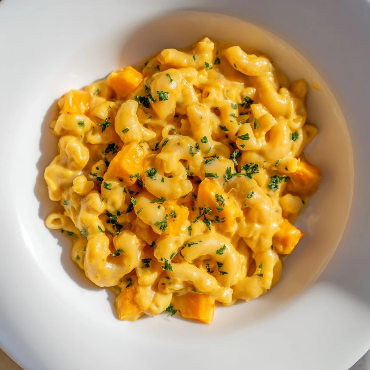 Vegan Butternut Squash Mac and Cheese served in a white bowl with roasted squash cubes.