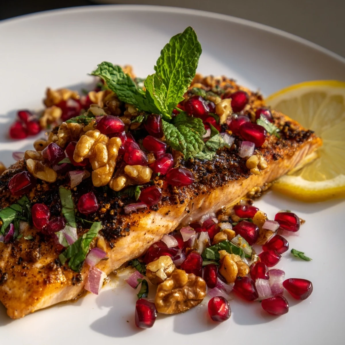 Flaky baked salmon fillet topped with vibrant pomegranate walnut salsa, garnished with lemon slices for a zesty finish.