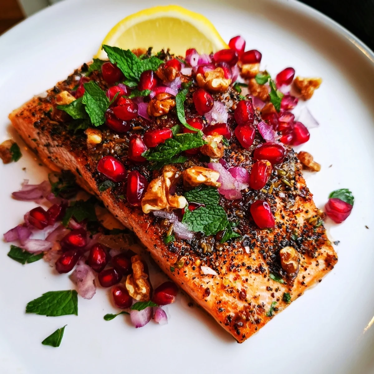 A colorful serving of Baked Salmon with Pomegranate Walnut Salsa ready for a healthy weeknight dinner.