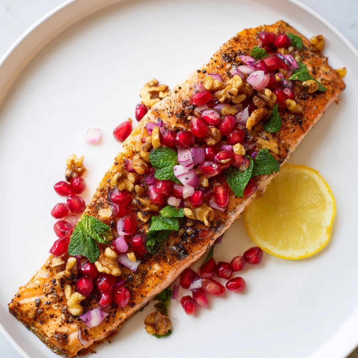 Close-up of Baked Salmon with Pomegranate Walnut Salsa glistening with olive oil and fresh herbs on a rustic plate.