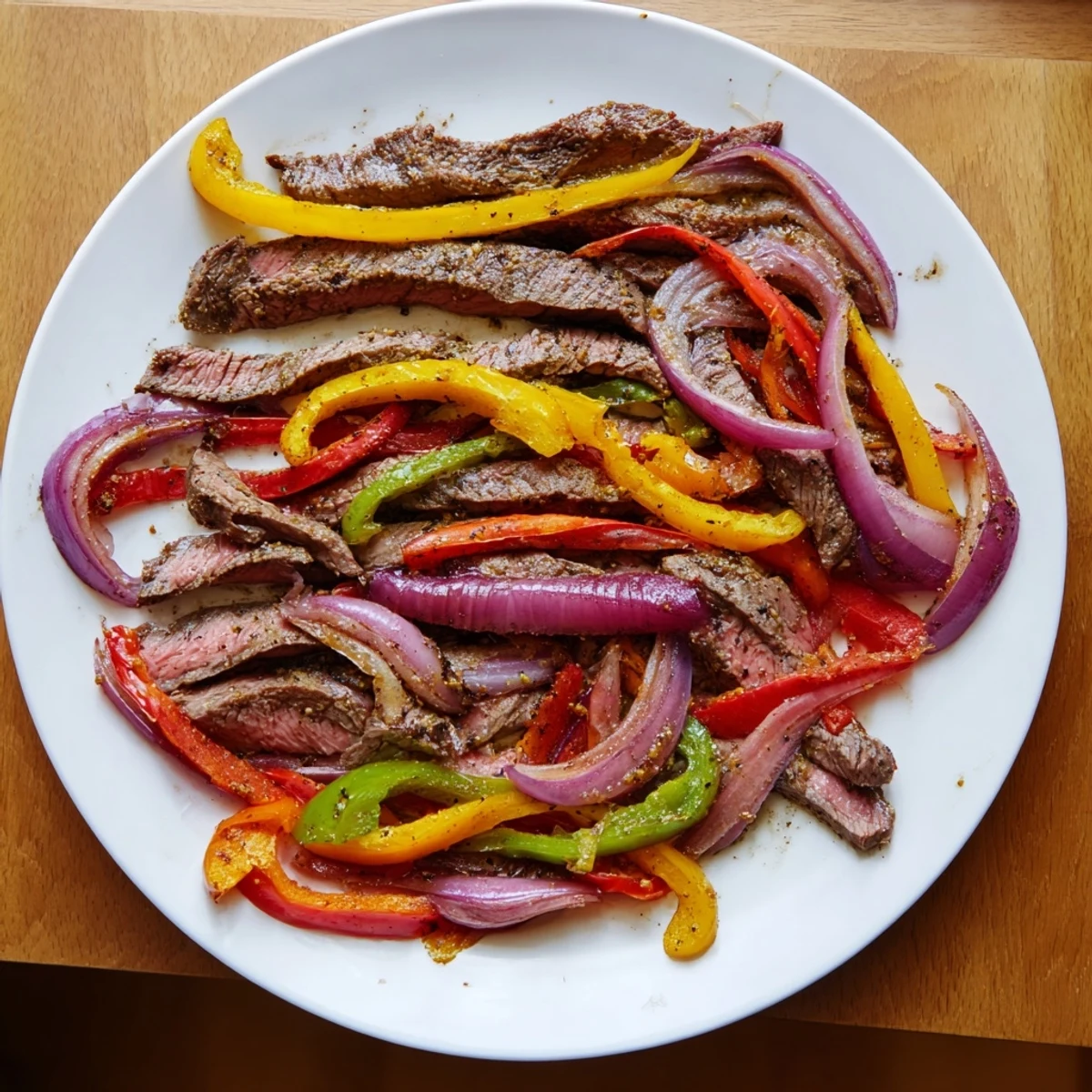 Golden-brown steak strips and colorful roasted bell peppers sizzle on a sheet pan, ready for fajitas.