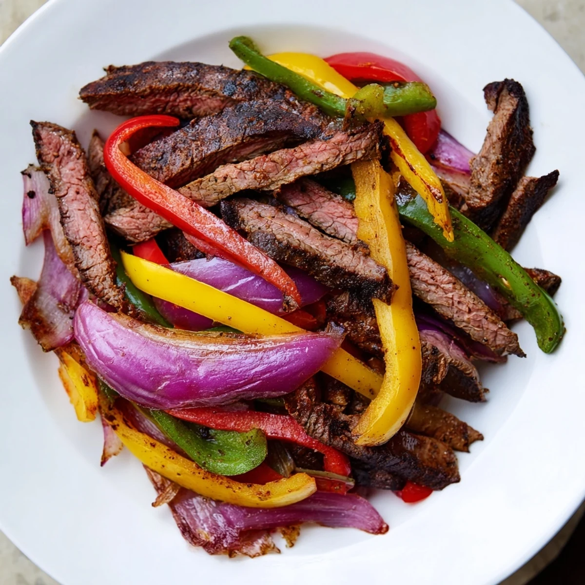 Tender Sheet Pan Steak Fajitas with Bell Peppers piled high with onions and warm tortillas.