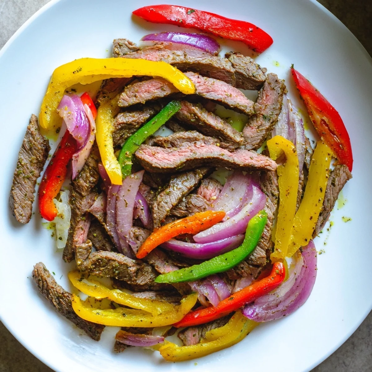 Sizzling Sheet Pan Steak Fajitas with Bell Peppers garnished with fresh cilantro and lime wedges.