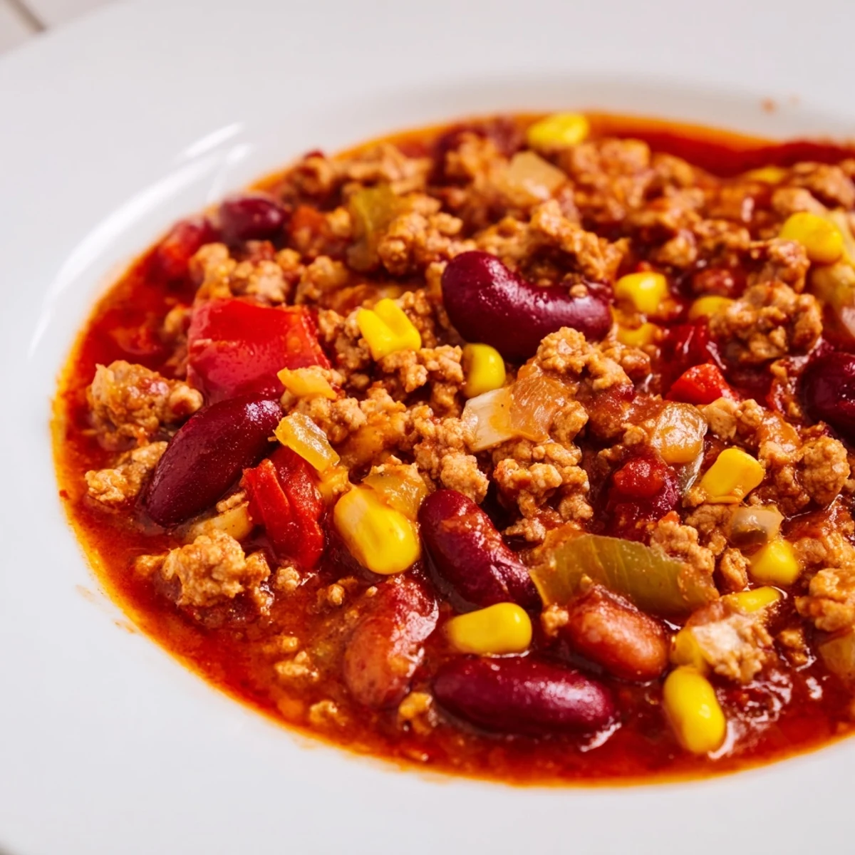 Steaming bowl of Turkey Chili with Kidney Beans and Corn topped with fresh cilantro.