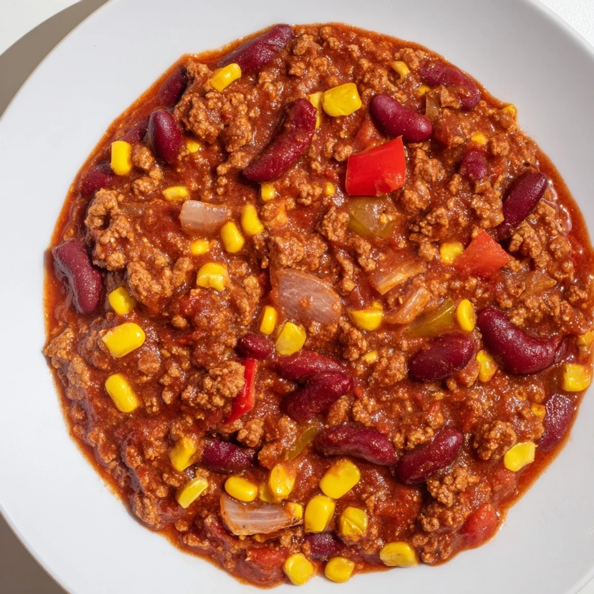 Hearty Turkey Chili with Kidney Beans and Corn in a rustic bowl with cornbread.