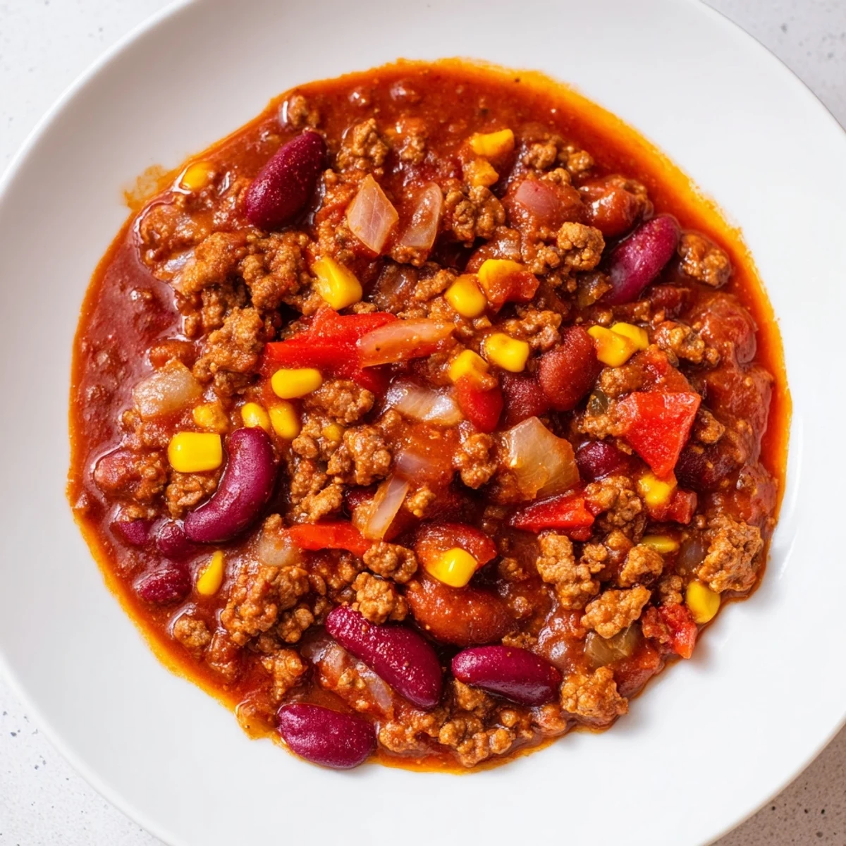 Colorful Turkey Chili with Kidney Beans and Corn served in a mug with a spoon.
