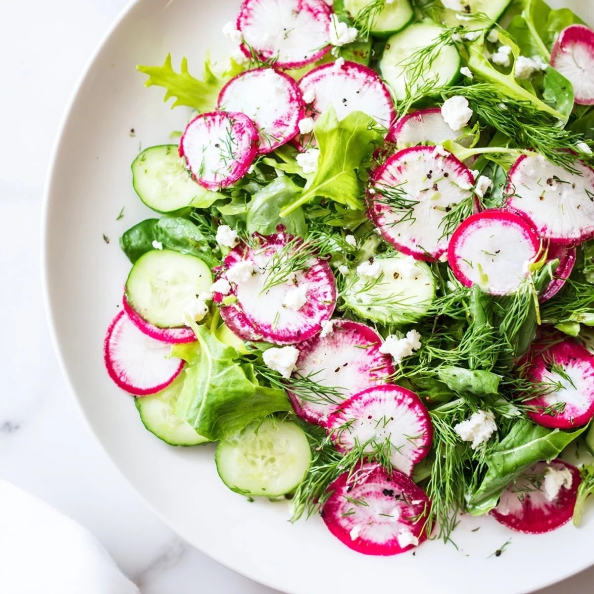 Close-up of Spring Garden Salad with Radishes and Cucumber tossed with dill, feta, and a light lemon dressing.