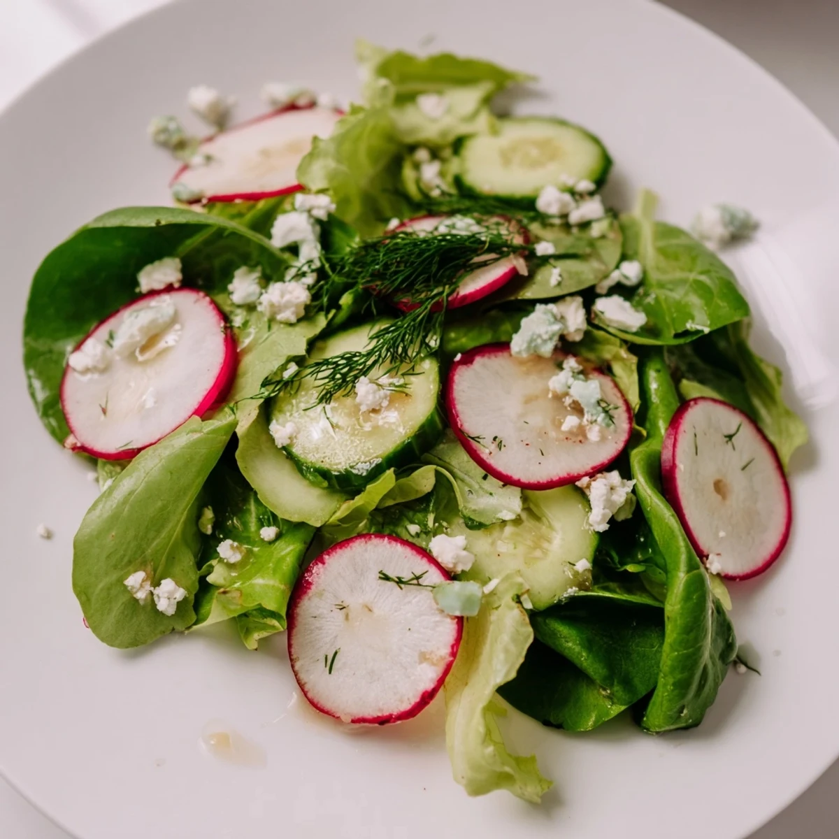 Fresh Spring Garden Salad with Radishes and Cucumber on a wooden table, showcasing vibrant greens and zesty vinaigrette.
