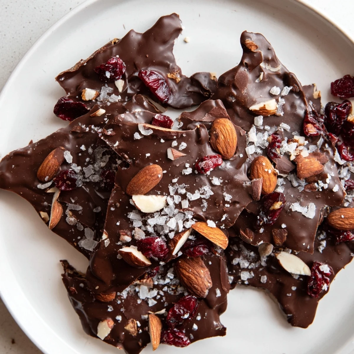 A close-up of Chocolate Covered Matzo Crackers topped with toasted almonds and dried cranberries.