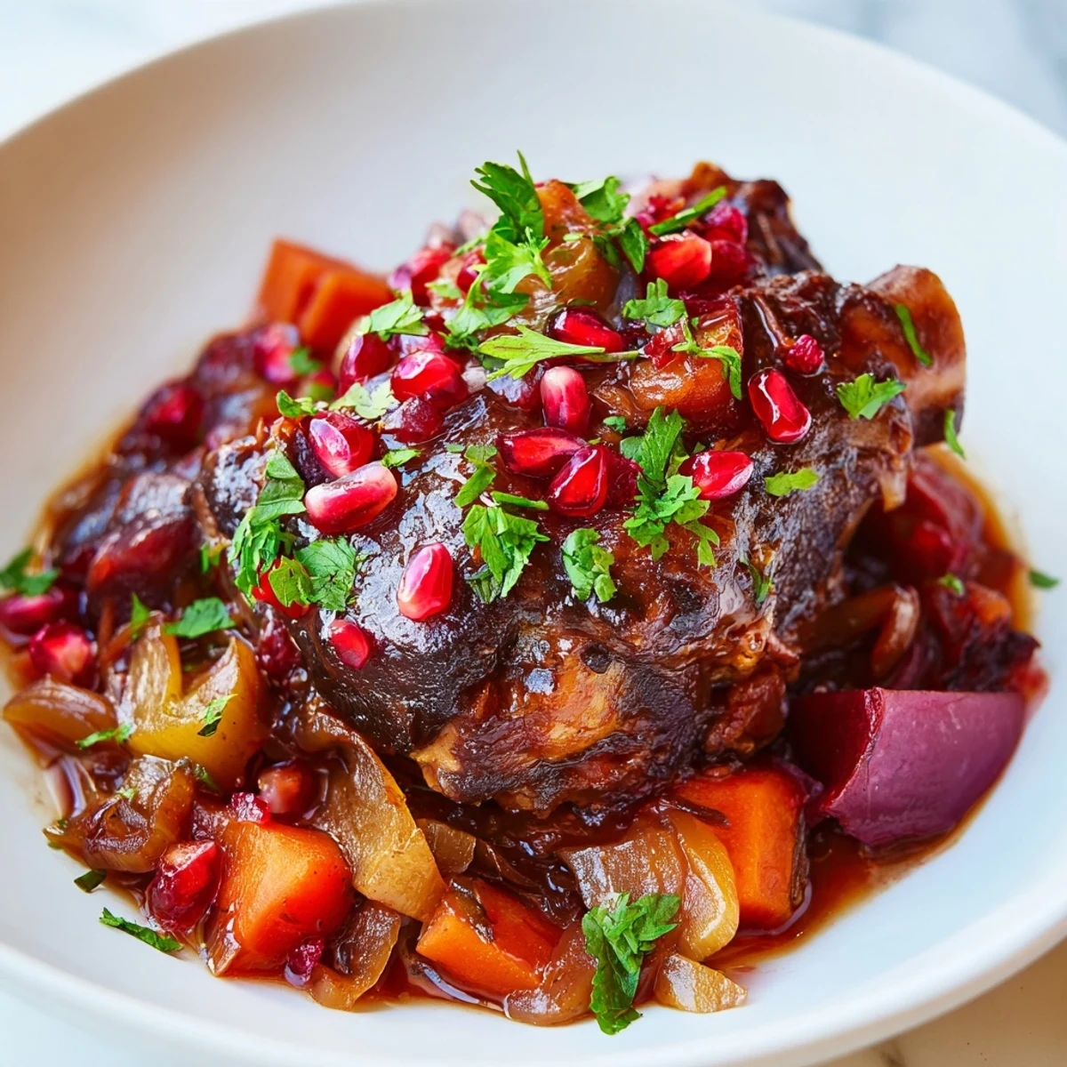 Succulent braised lamb shoulder with pomegranate served over fluffy rice pilaf, garnished with fresh herbs and ruby seeds.