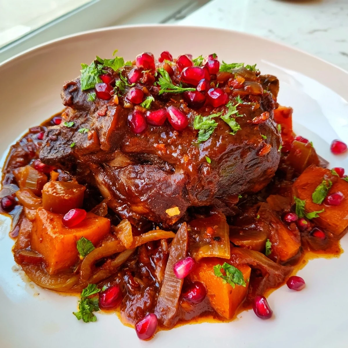 Tender braised lamb shoulder with pomegranate simmering in rich, aromatic sauce inside a Dutch oven, steam rising invitingly.