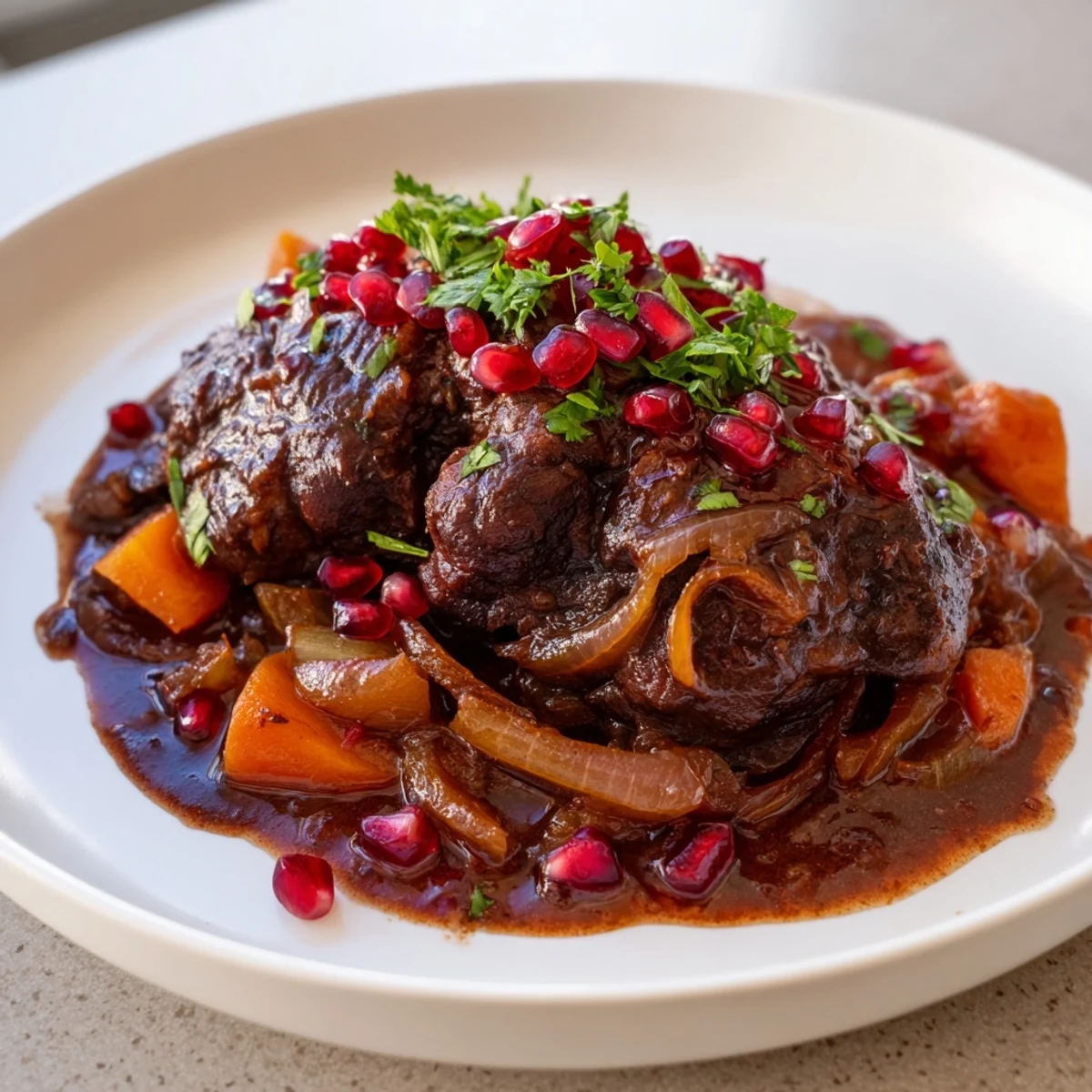 Golden braised lamb shoulder with pomegranate garnished with mint, parsley, and seeds on a rustic platter for serving.