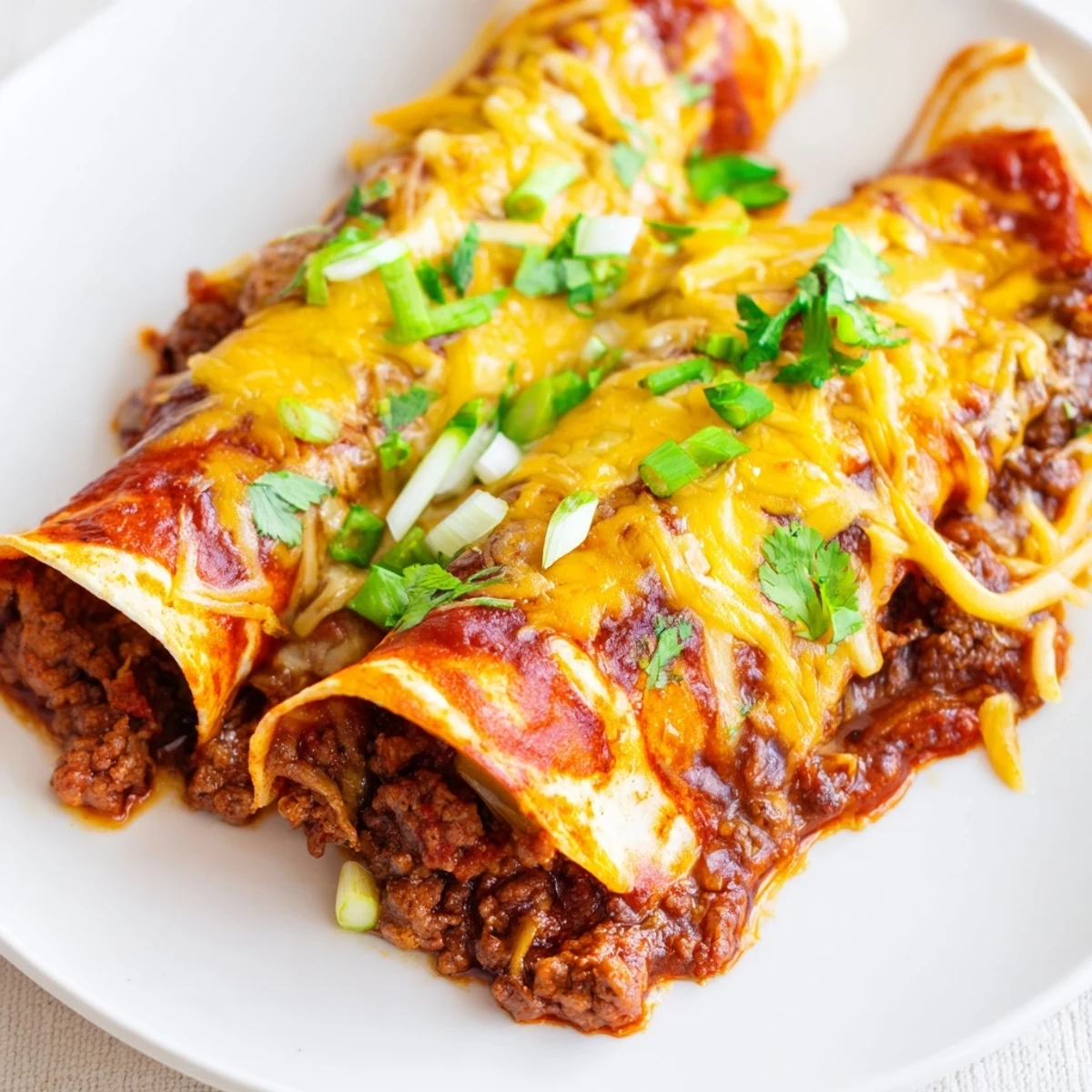 Golden-brown Beef Enchiladas with Homemade Red Sauce bake in a dish, topped with bubbly melted cheese and fresh cilantro.