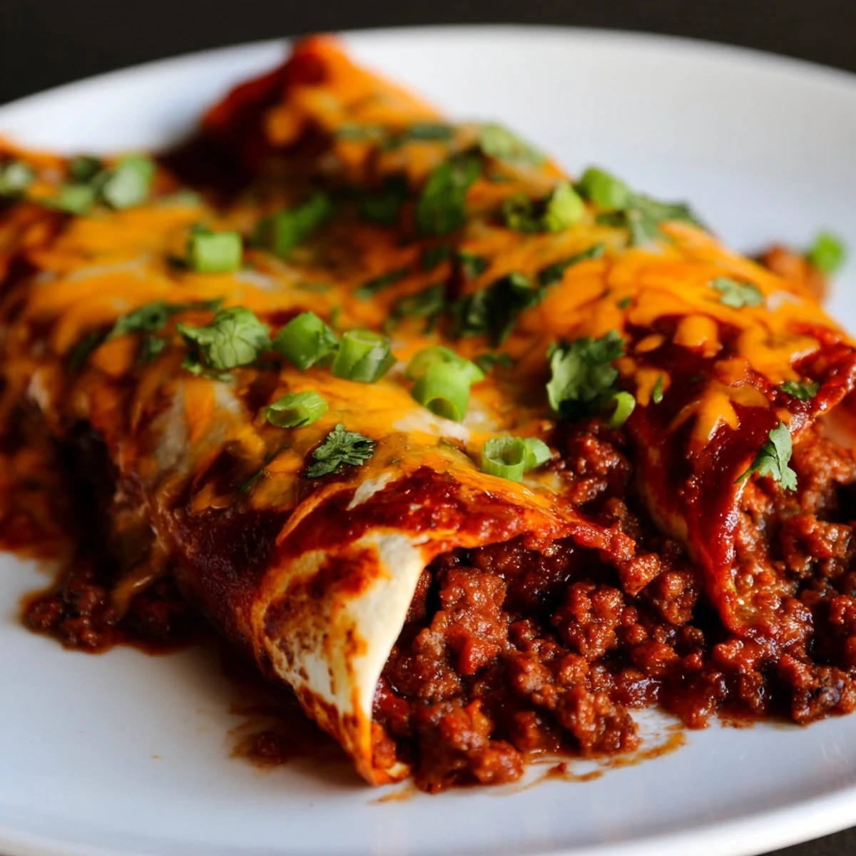 Close-up of Beef Enchiladas with Homemade Red Sauce showing tender beef filling and soft corn tortillas under rich sauce.