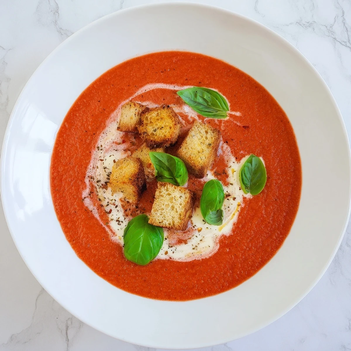 A warm bowl of Creamy Tomato and Basil Soup with Croutons sits beside fresh basil and a slice of crusty bread.