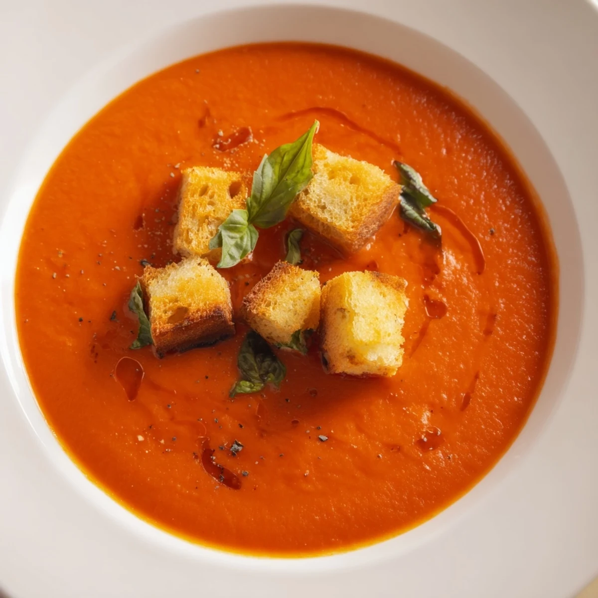 The Creamy Tomato and Basil Soup with Croutons shows a velvety red texture with a cream swirl and golden bread cubes.