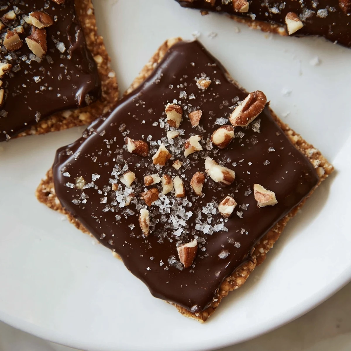 Golden-baked Chocolate Covered Matzo Crackers with Toffee topped with sea salt and chopped pecans, arranged neatly on a cooling rack.