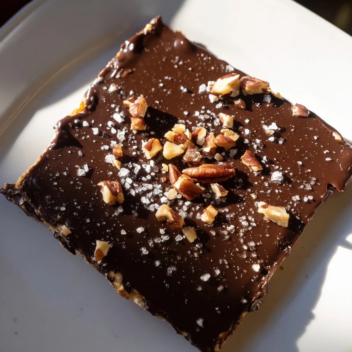 Plated Chocolate Covered Matzo Crackers with Toffee pieces, some broken to reveal the delicious toffee and chocolate layers inside.