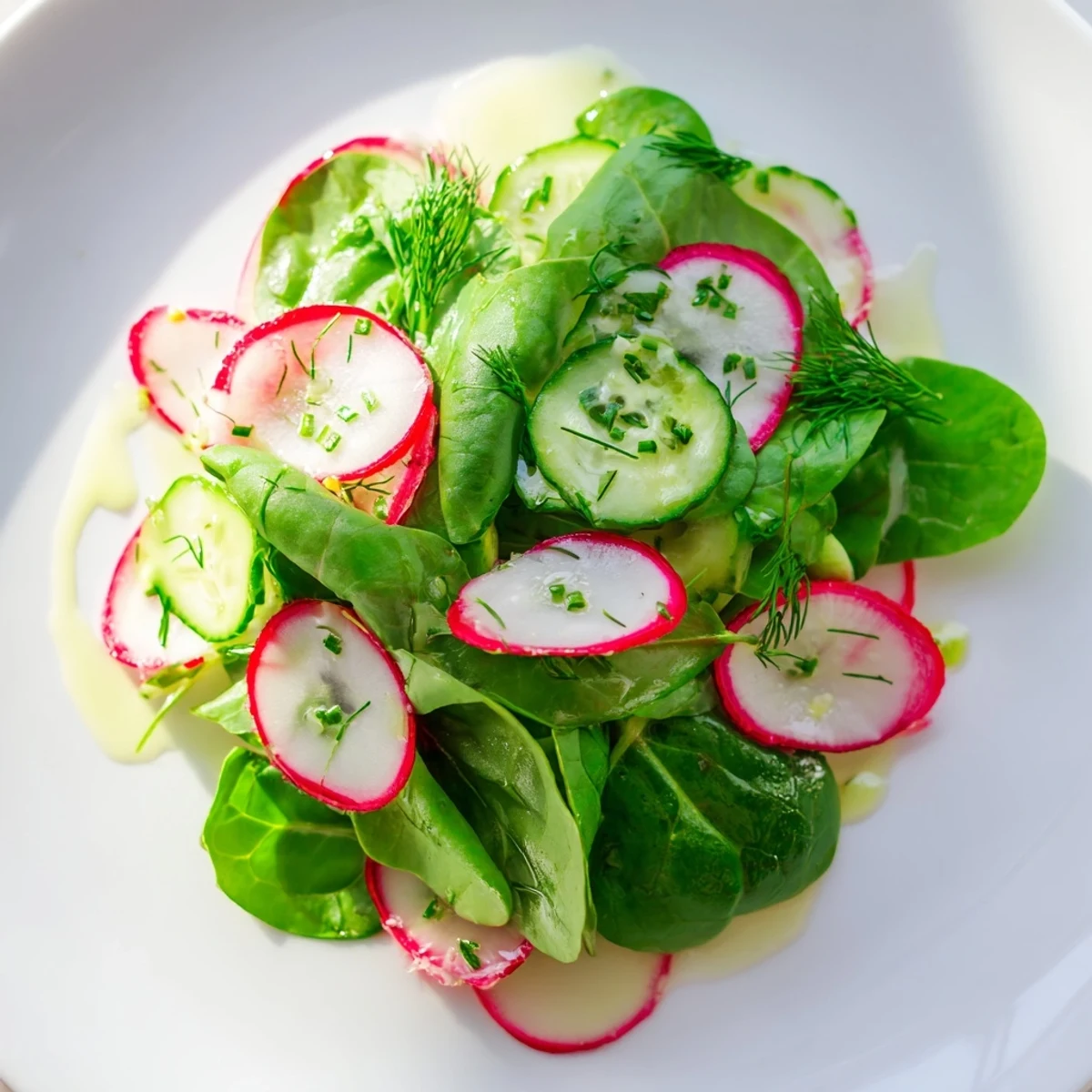 Spring Garden Salad with radishes and cucumber is served in a white bowl, garnished with dill and chives for a fresh look.