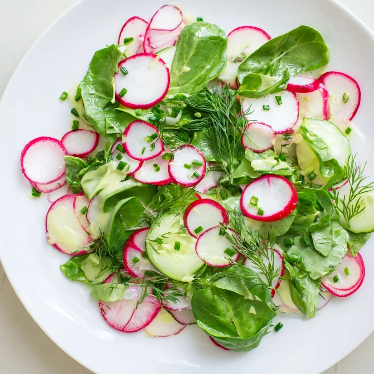 A close-up photo shows the Spring Garden Salad with radishes and cucumber, drizzled with lemony dressing on a rustic wooden table.