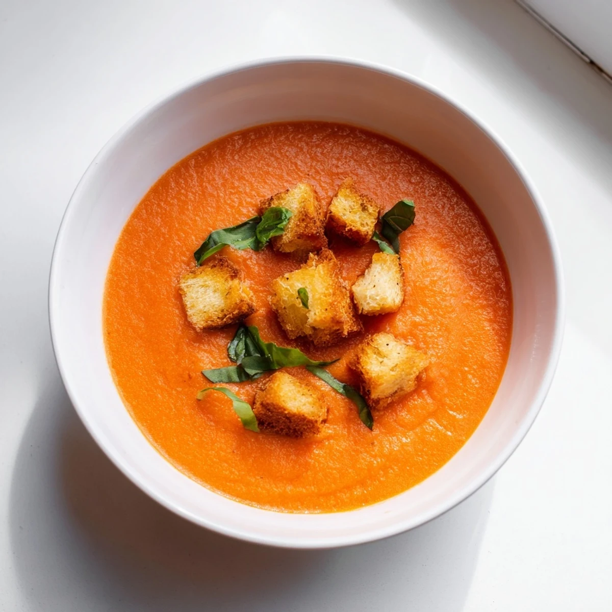 A bowl of Creamy Tomato and Basil Soup with Garlic Croutons garnished with fresh basil.
