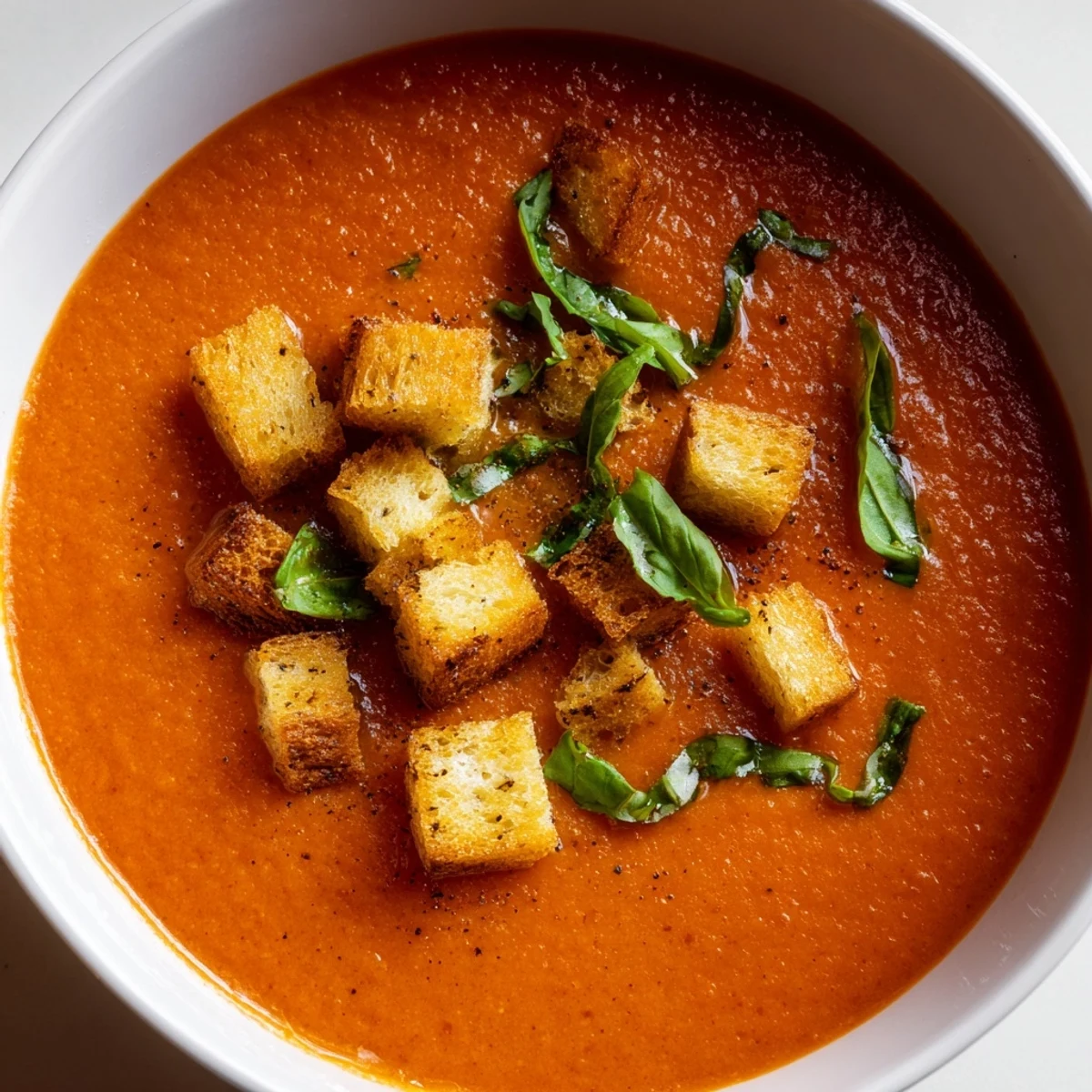 Close-up of Creamy Tomato and Basil Soup with Garlic Croutons beside a glass of white wine.