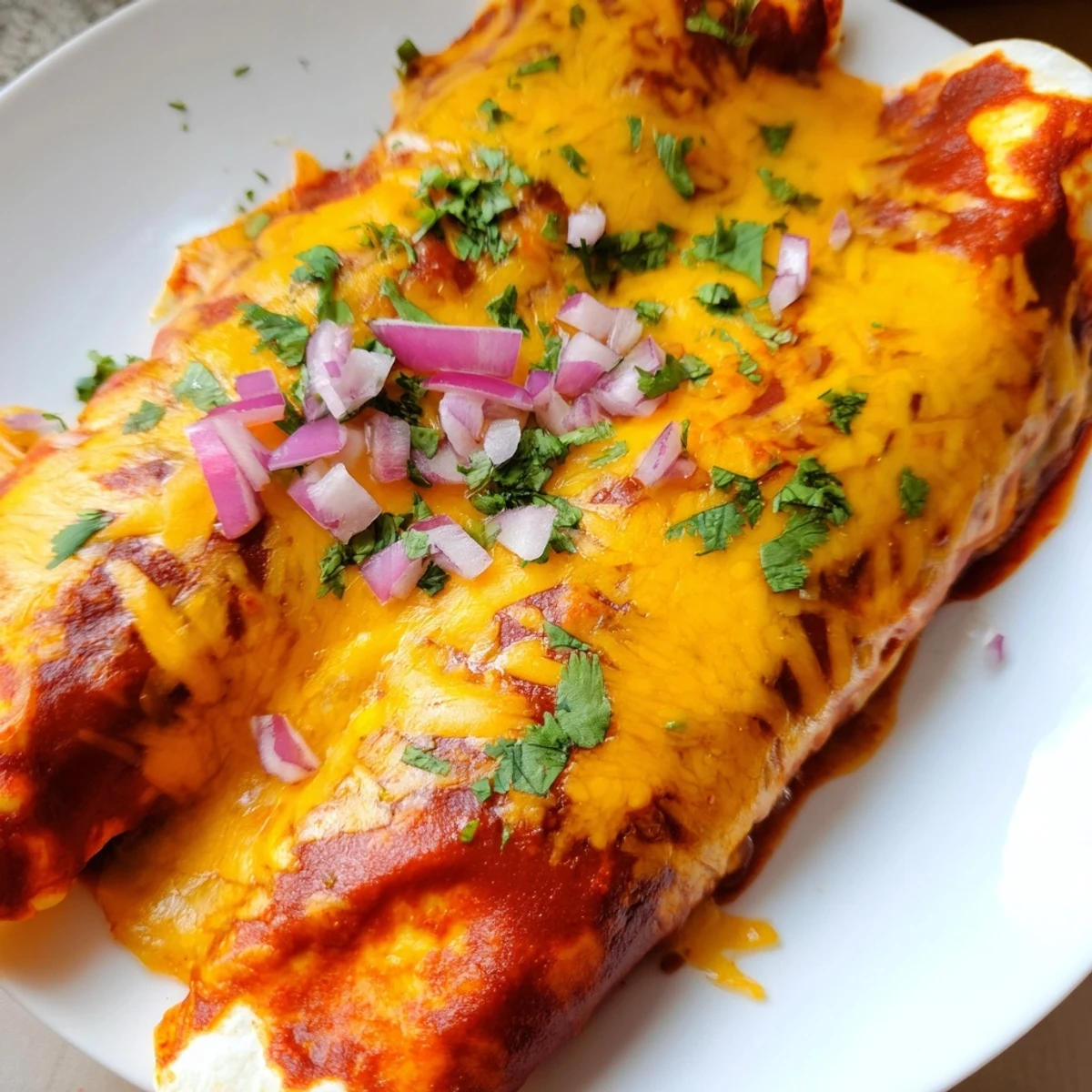 A close-up of Beef Enchiladas with Homemade Red Chili Sauce, bubbling with melted cheddar cheese and garnished with fresh cilantro.