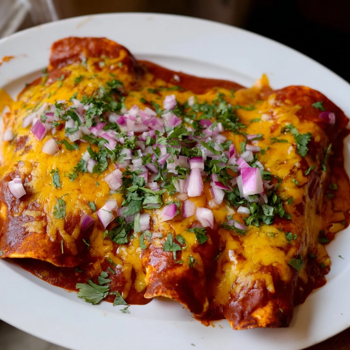 Tender beef and homemade red chili sauce fill these baked Beef Enchiladas, served hot in a white dish for a comforting meal.