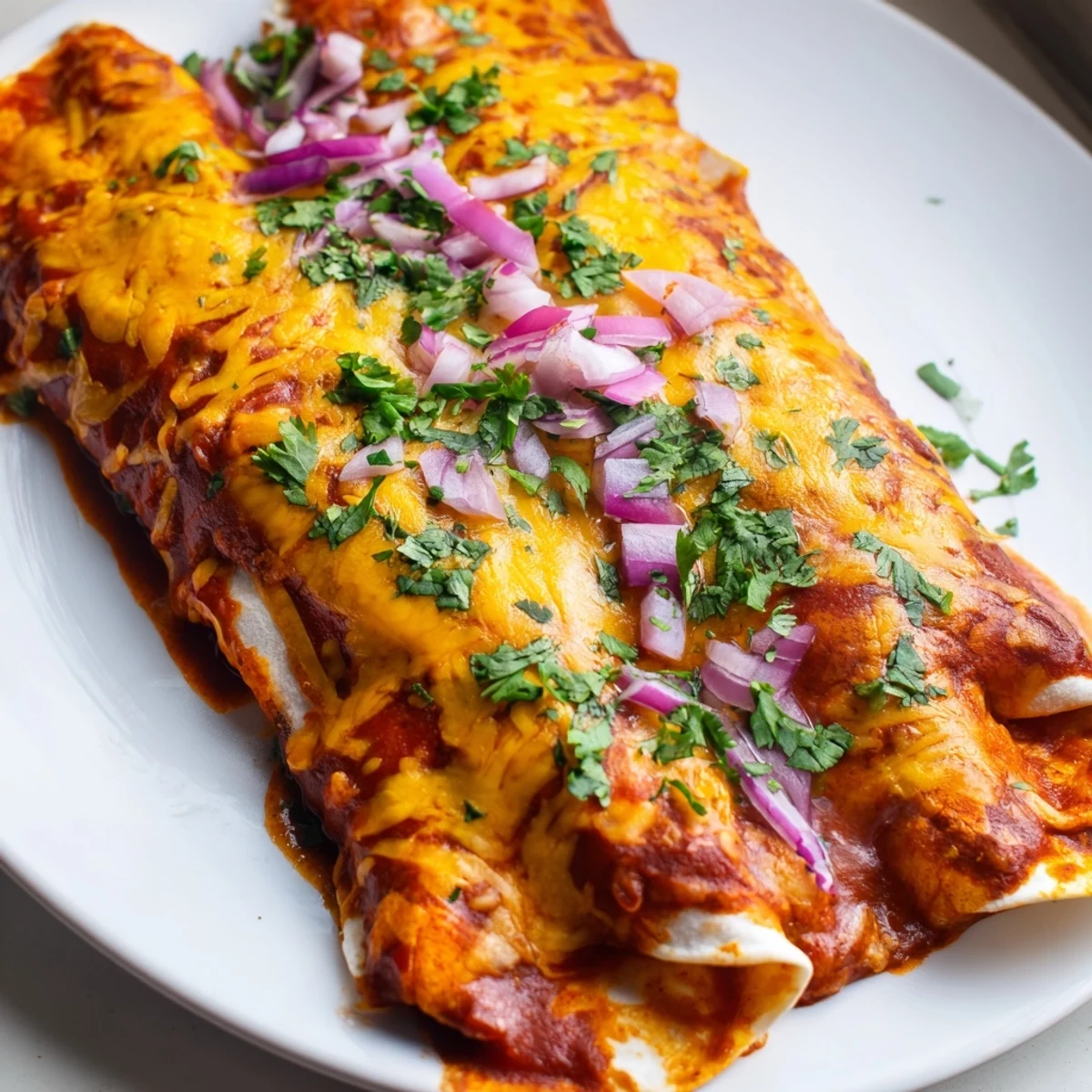 The baked Beef Enchiladas with Homemade Red Chili Sauce feature soft tortillas, bold red sauce, and sliced red onion on top.