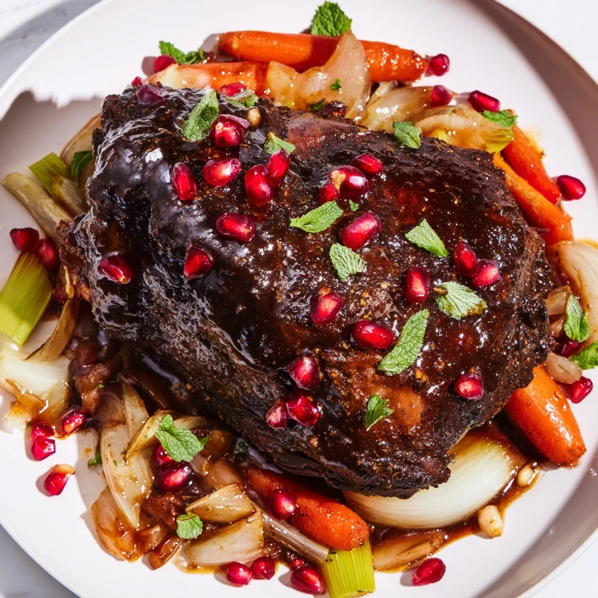 Golden brown Braised Lamb Shoulder with Pomegranate Molasses glistens on a rustic platter, garnished with fresh herbs and vibrant seeds.