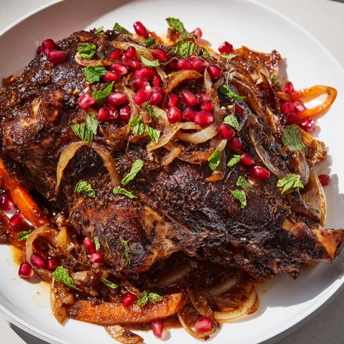 A close-up of succulent Braised Lamb Shoulder with Pomegranate Molasses showing fork-tender meat and a rich, glossy sauce.