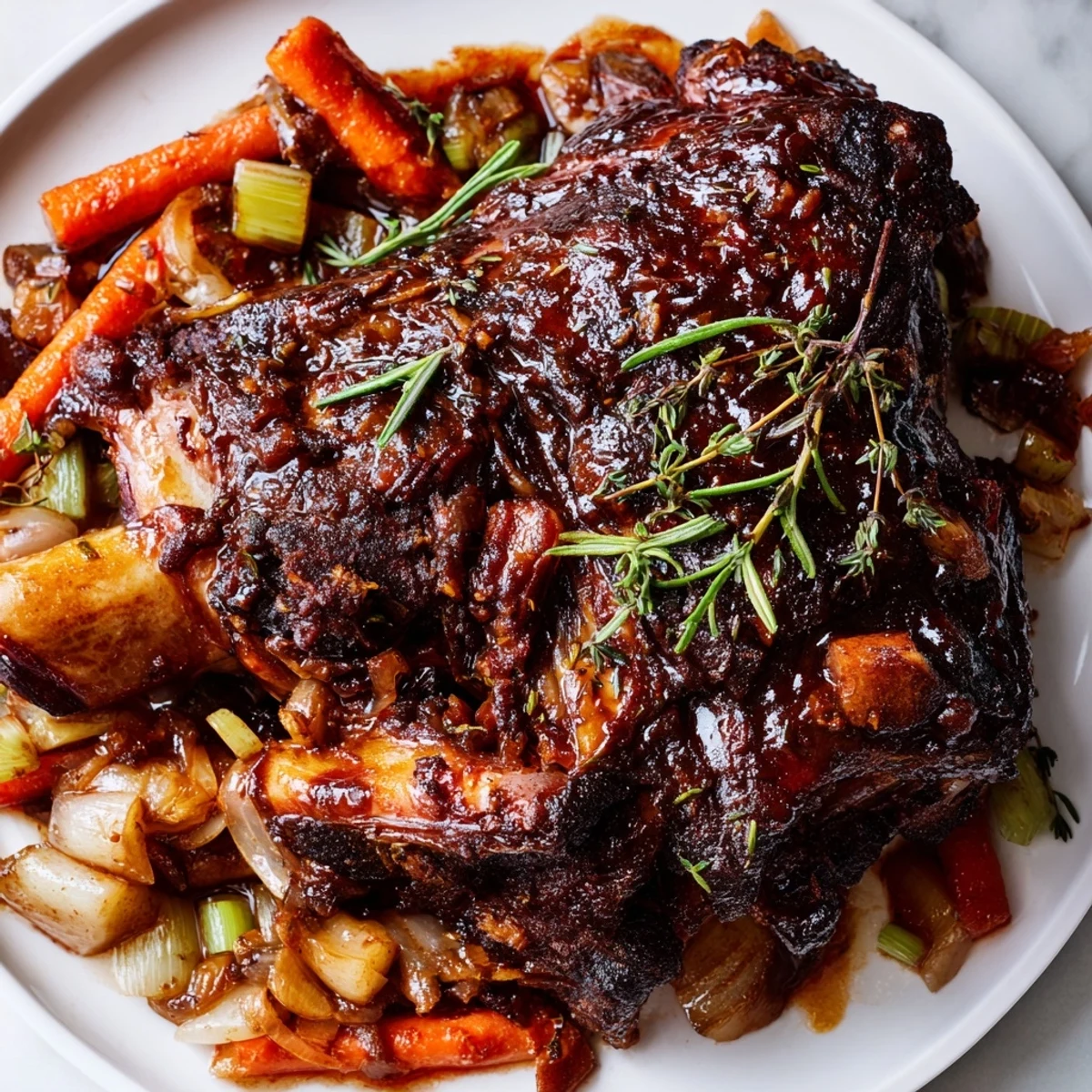 Juicy slices of Braised Lamb Shoulder with Molasses Glaze on a plate, garnished with fresh parsley and pomegranate seeds.