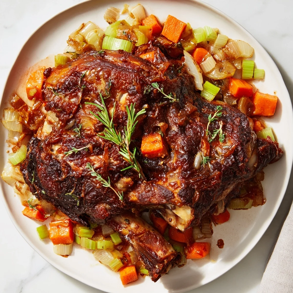 A close-up of Braised Lamb Shoulder with Molasses Glaze beside creamy mashed potatoes and roasted root vegetables.