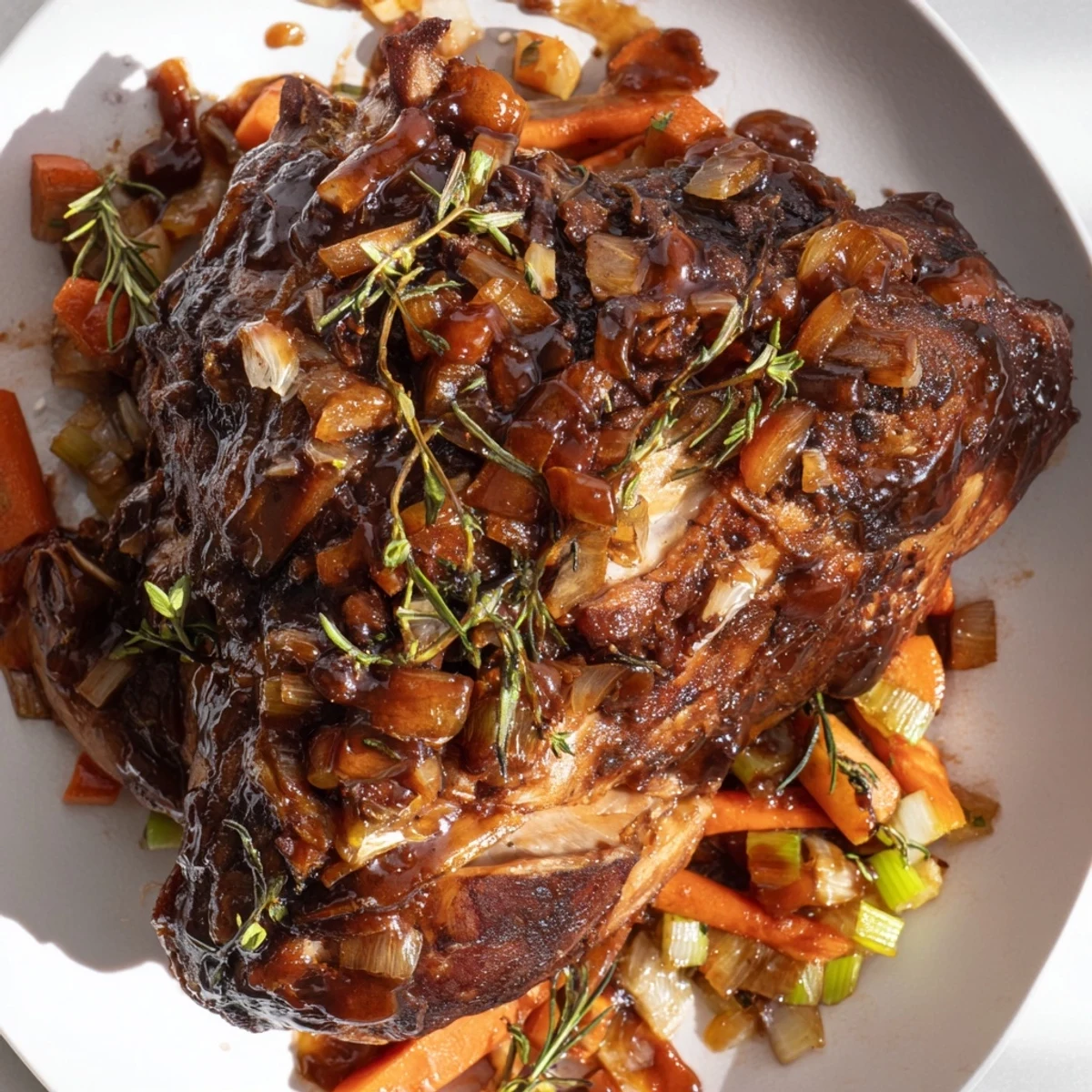 Braised Lamb Shoulder with Molasses Glaze glistens, tender and caramelized in a rustic Dutch oven with fresh herbs.