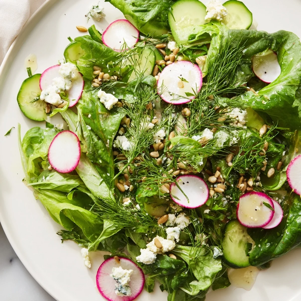 A close-up of the Spring Garden Salad with Radishes and Cucumber showing crisp greens and bright red slices.  