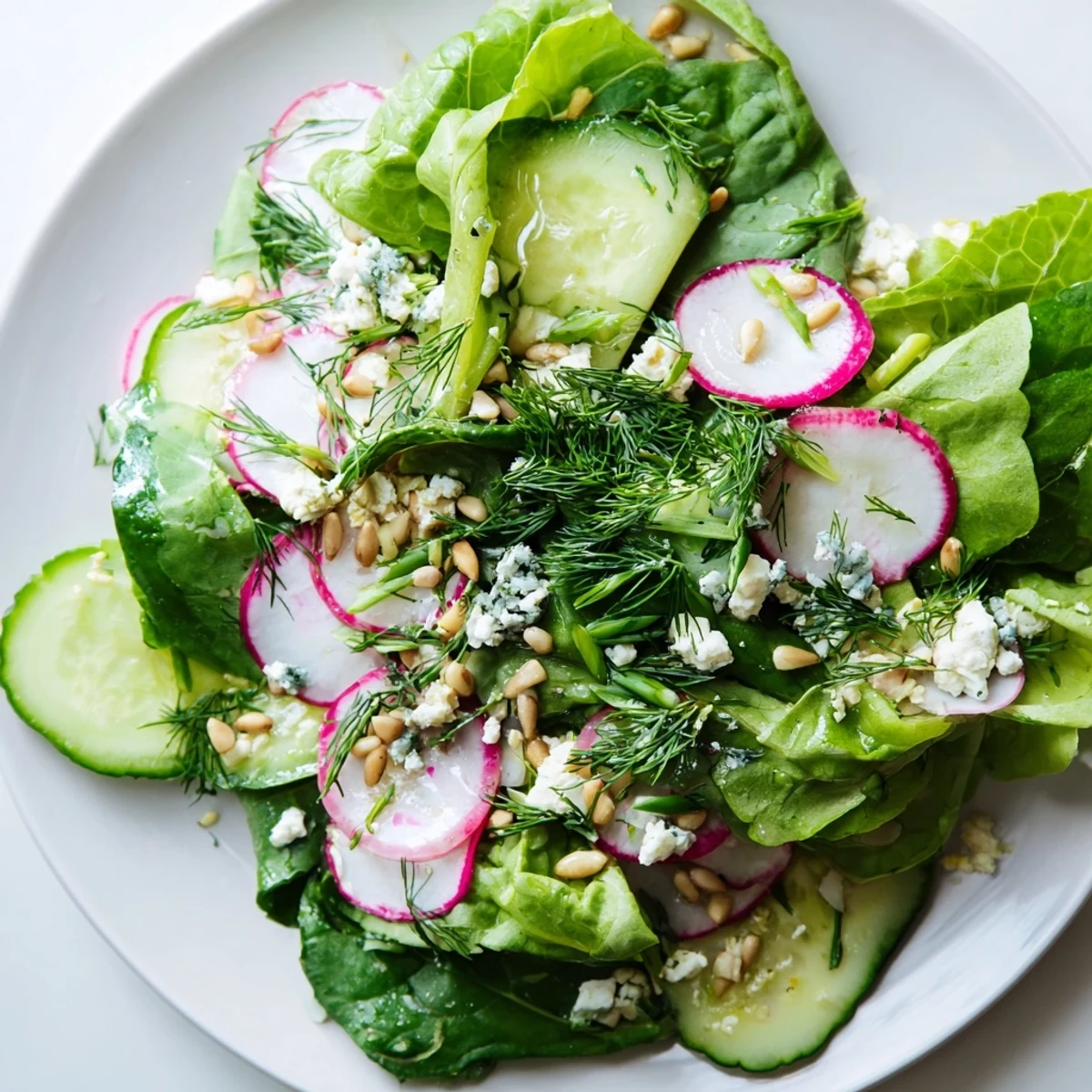Vibrant Spring Garden Salad with Radishes and Cucumber tossed in lemon vinaigrette, served in a rustic bowl.  