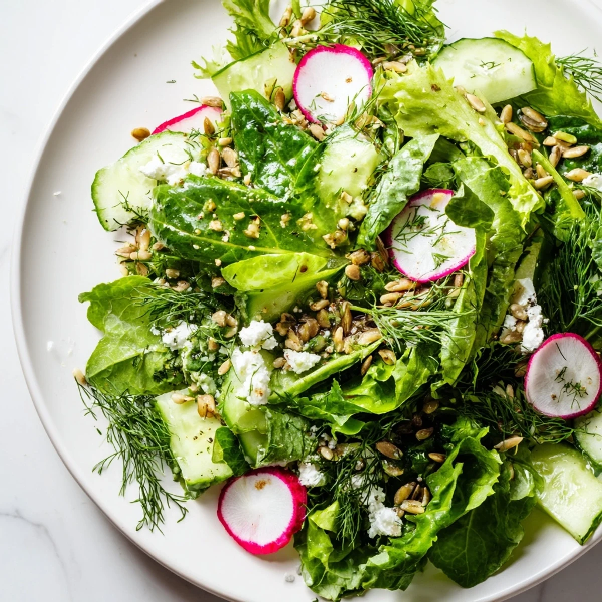 The Spring Garden Salad with Radishes and Cucumber topped with crumbled feta and sunflower seeds for extra crunch.