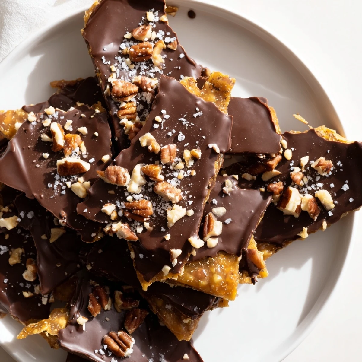 Golden-baked Chocolate Covered Matzo Crackers with Toffee arranged on a wooden board topped with flaky sea salt and chopped pecans.