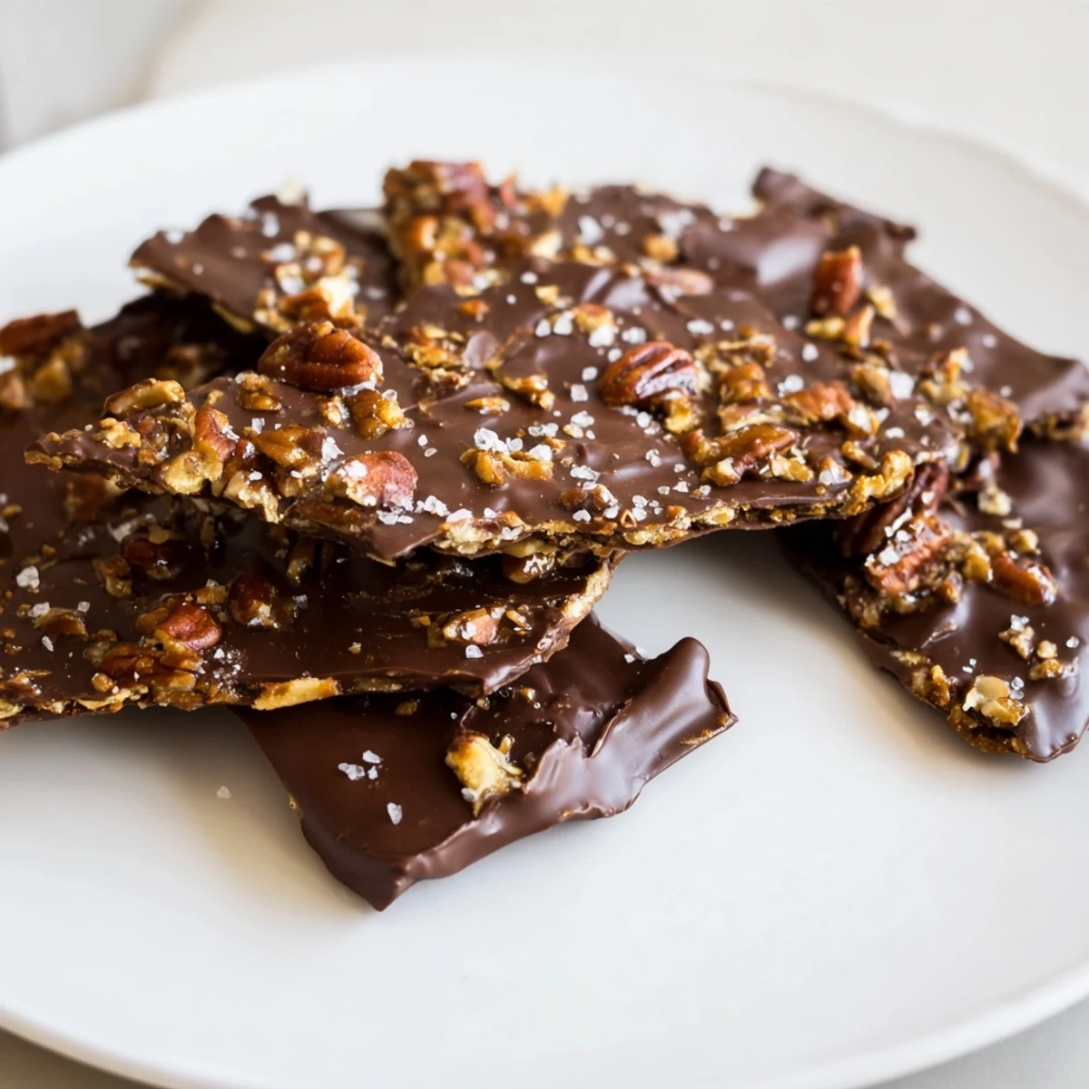 A close-up view of Chocolate Covered Matzo Crackers with Toffee showing rich dark chocolate layered over bubbly toffee on crispy matzo.