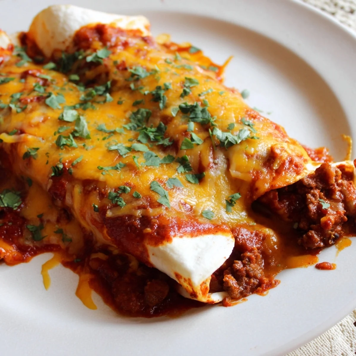 Baked Beef Enchiladas with Homemade Red Chili Sauce topped with melted cheese and fresh cilantro.