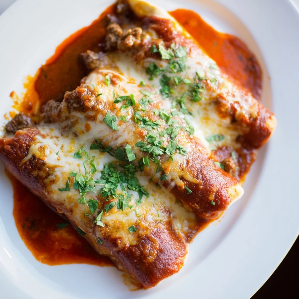 Beef Enchiladas with Homemade Red Chili Sauce served warm with a vibrant red sauce and Monterey Jack.