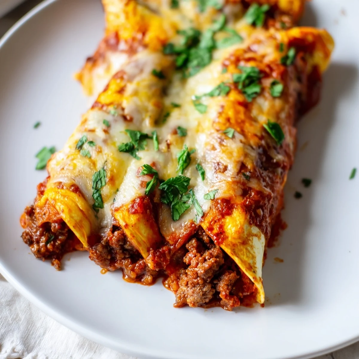 Close-up of Beef Enchiladas with Homemade Red Chili Sauce in a baking dish, ready to serve.