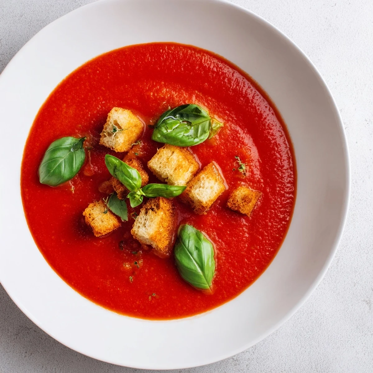 Creamy Tomato and Basil Soup with Garlic Croutons simmering in a pot, steam rising from the vibrant red soup.